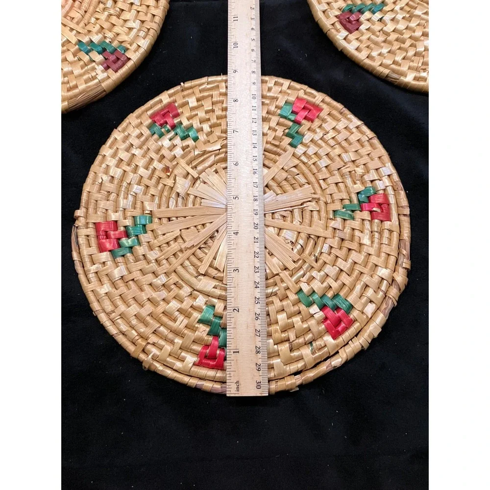 Woven Straw Trivet Set Tan Pink Green Floral Boho 3pc